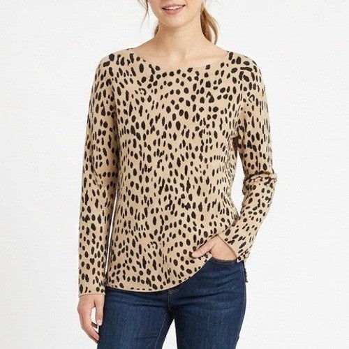 Chicos Sweater Womens Beige Black Knitted Leopard Print Boat Neck Long Sleeve
