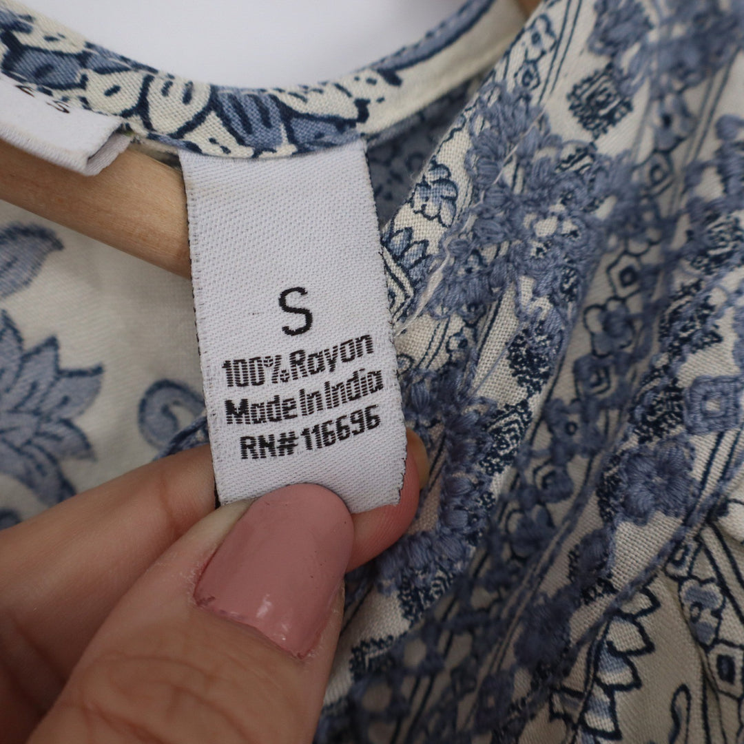 Sincerely Jules Blue Cream Floral Boho Mini Dress Long Sleeve Smocked Back Small