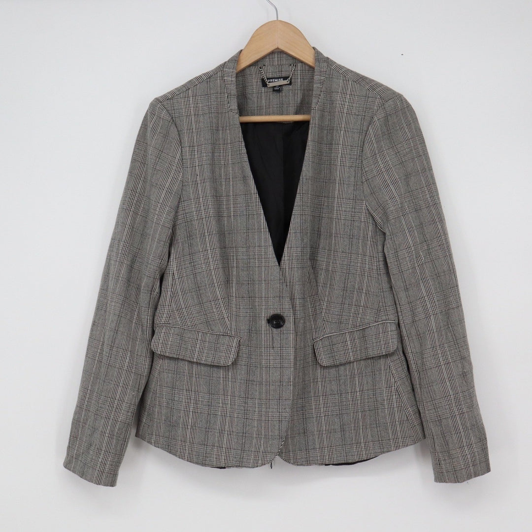 Premise Studio Petite Grey Glen Plaid Collarless Single Button Blazer 6P 10891
