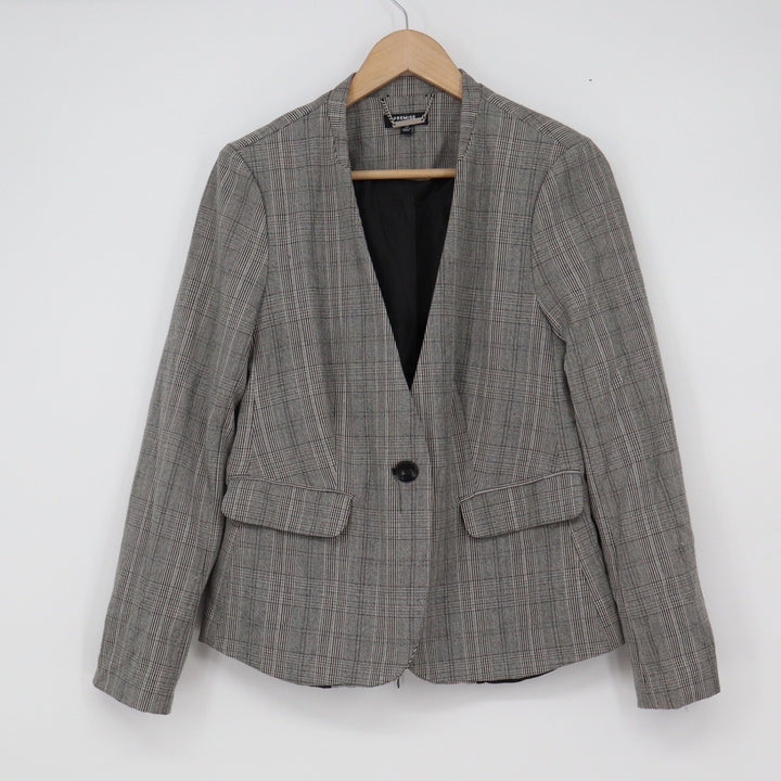 Premise Studio Petite Grey Glen Plaid Collarless Single Button Blazer 6P 10891