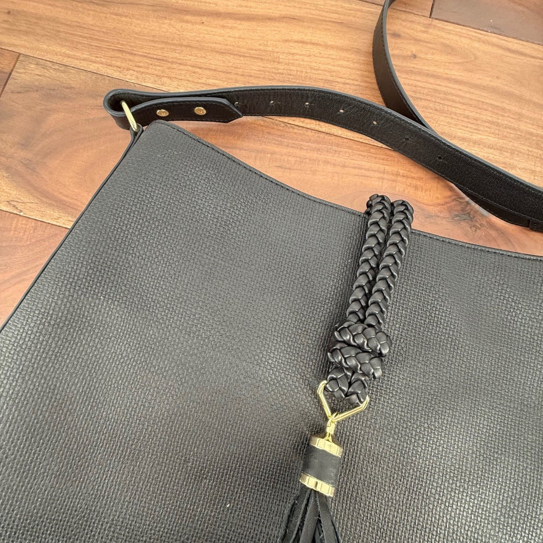 Stella Dot Hayes Tassel Hobo Black Textured Crossbody Shoulder Bag
