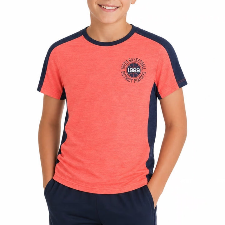 DSG Boys Small 8-9 Pieced Graphic Movement Tee Cabana Coral Navy Basketball 1989