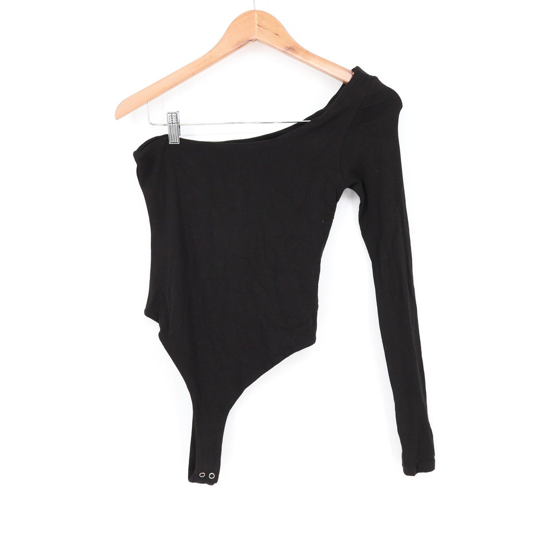 Naked Wardrobe Black One Shoulder Long Sleeve Bodysuit Size M