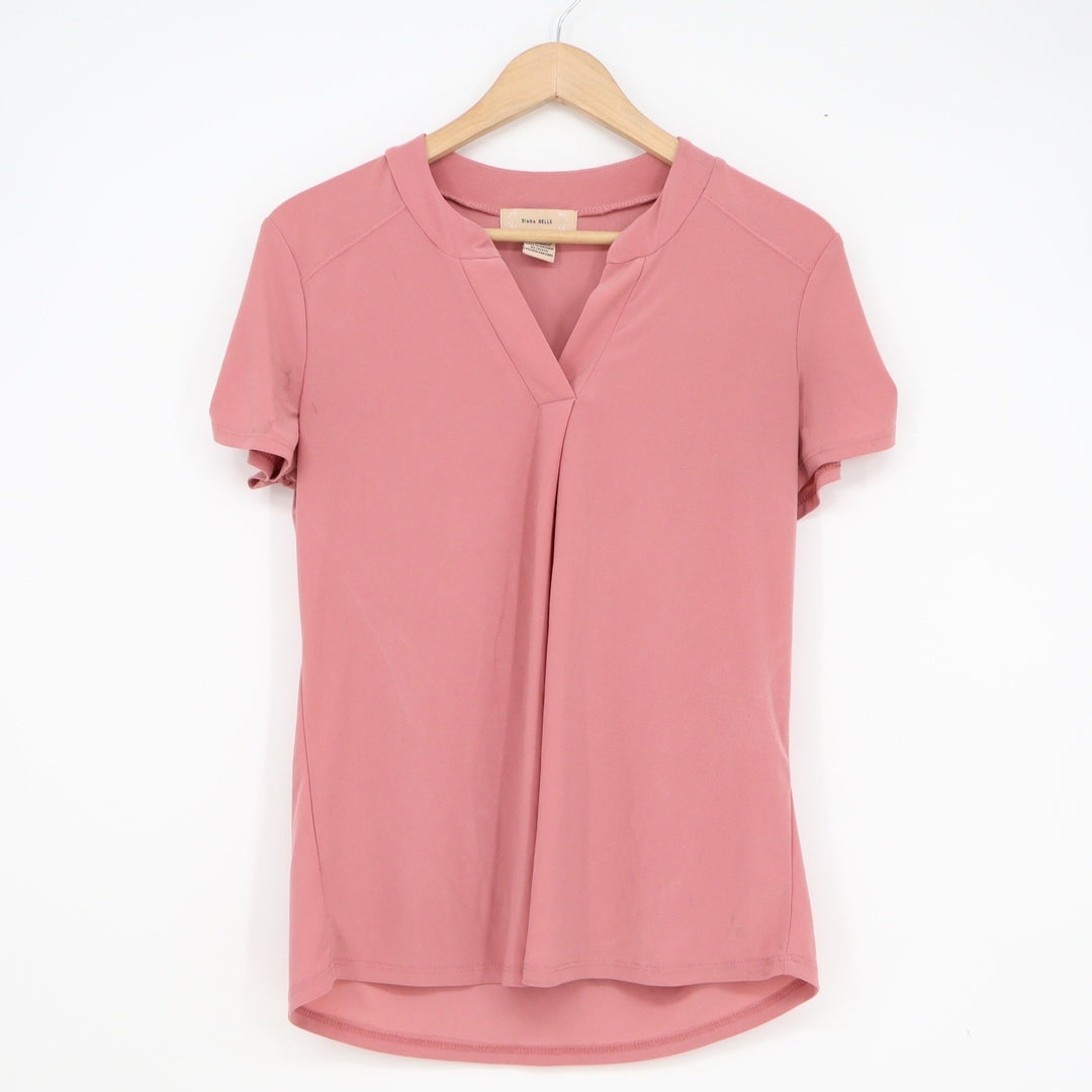 Diana Belle Womens Dusty Rose V-Neck Short Sleeve Pleated Front Blouse Size S