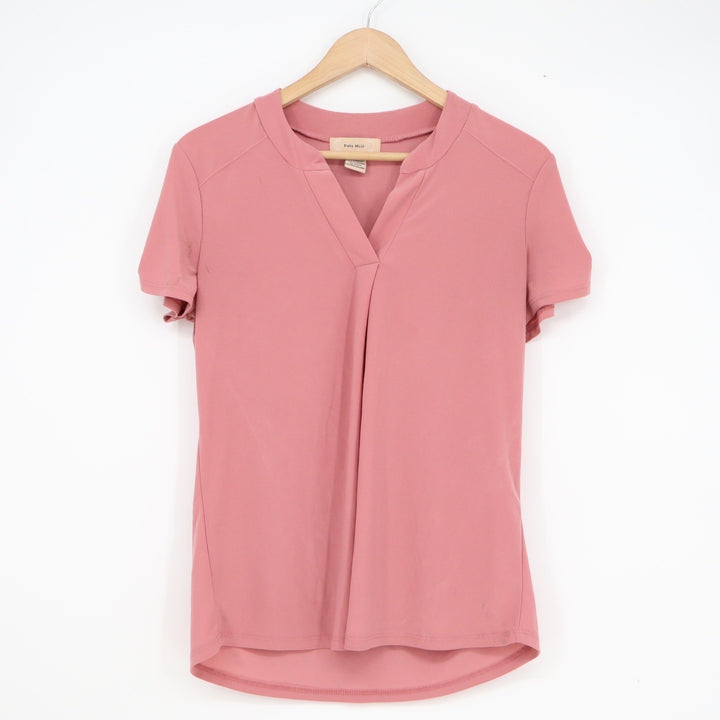 Diana Belle Womens Dusty Rose V-Neck Short Sleeve Pleated Front Blouse Size S