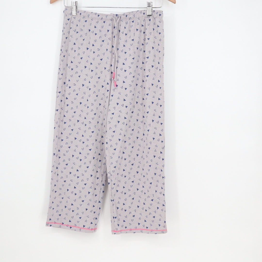 Cuddl Duds Pajama Set Womens Small Gray Blue Heart Print V-Neck Crop Pants 2pc