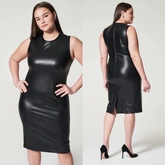 SPANX Il Fitted Dress Luxe Black Sleeveless Sheath Midi Bodycon Career Size S