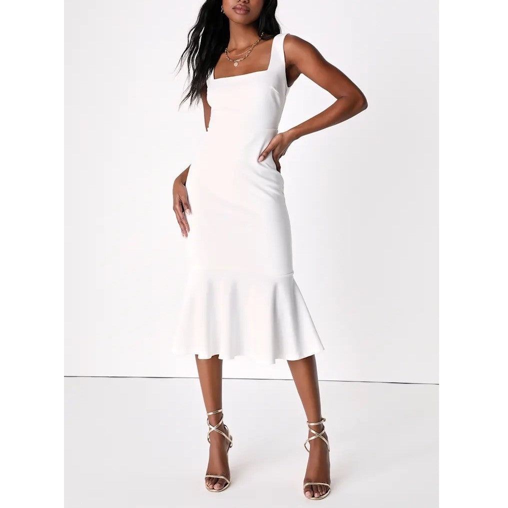 Lulus Moment Maker Midi Dress Womens Large White Stretch Square Neck Trumpet