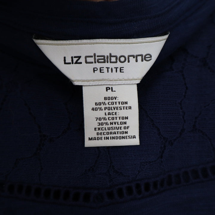 Liz Claiborne Petite Navy Blue Lace Yoke Short Sleeve Top PL