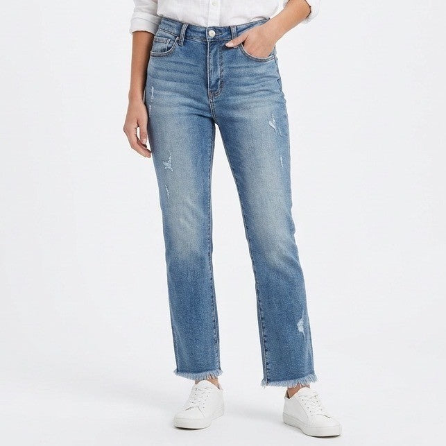Risen Jeans Womens 5/27 Blue Denim Cotton Stretch Distressed Raw Frayed Hem