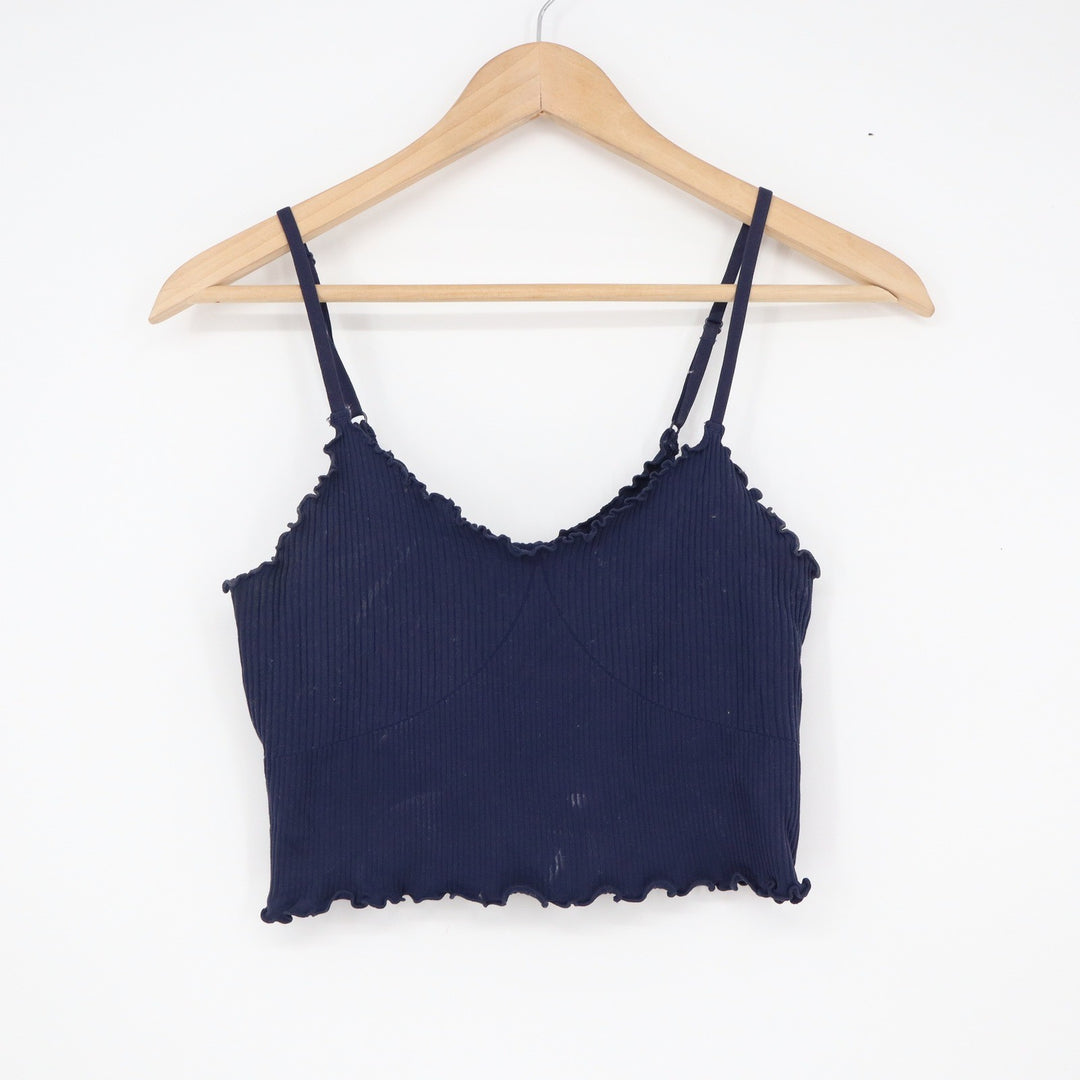 Navy Blue Ribbed Knit Lettuce Edge Crop Top Camisole V-Neck XS