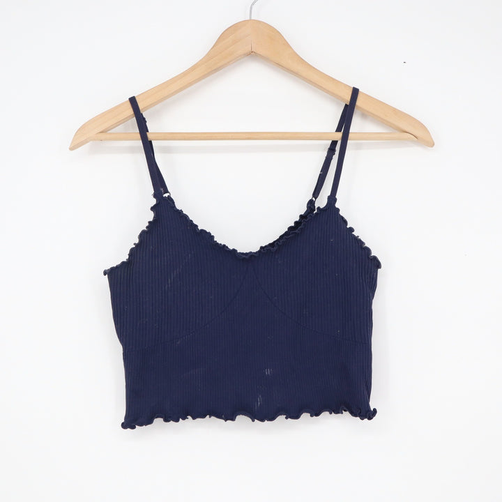 Navy Blue Ribbed Knit Lettuce Edge Crop Top Camisole V-Neck XS
