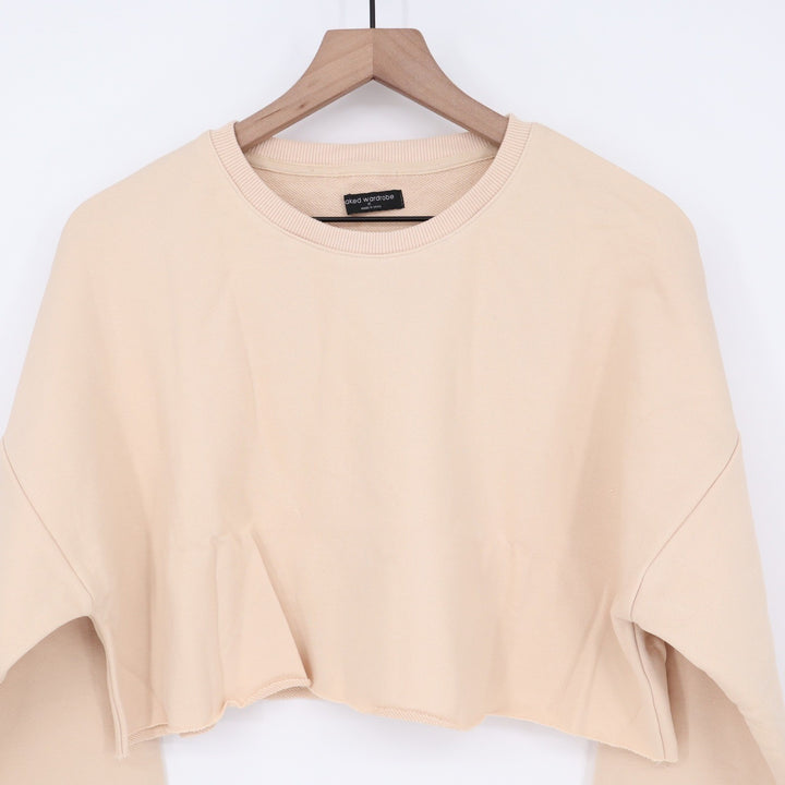 Naked Wardrobe Cropped Sweatshirt XL Beige Nude Raw Hem Long Sleeve