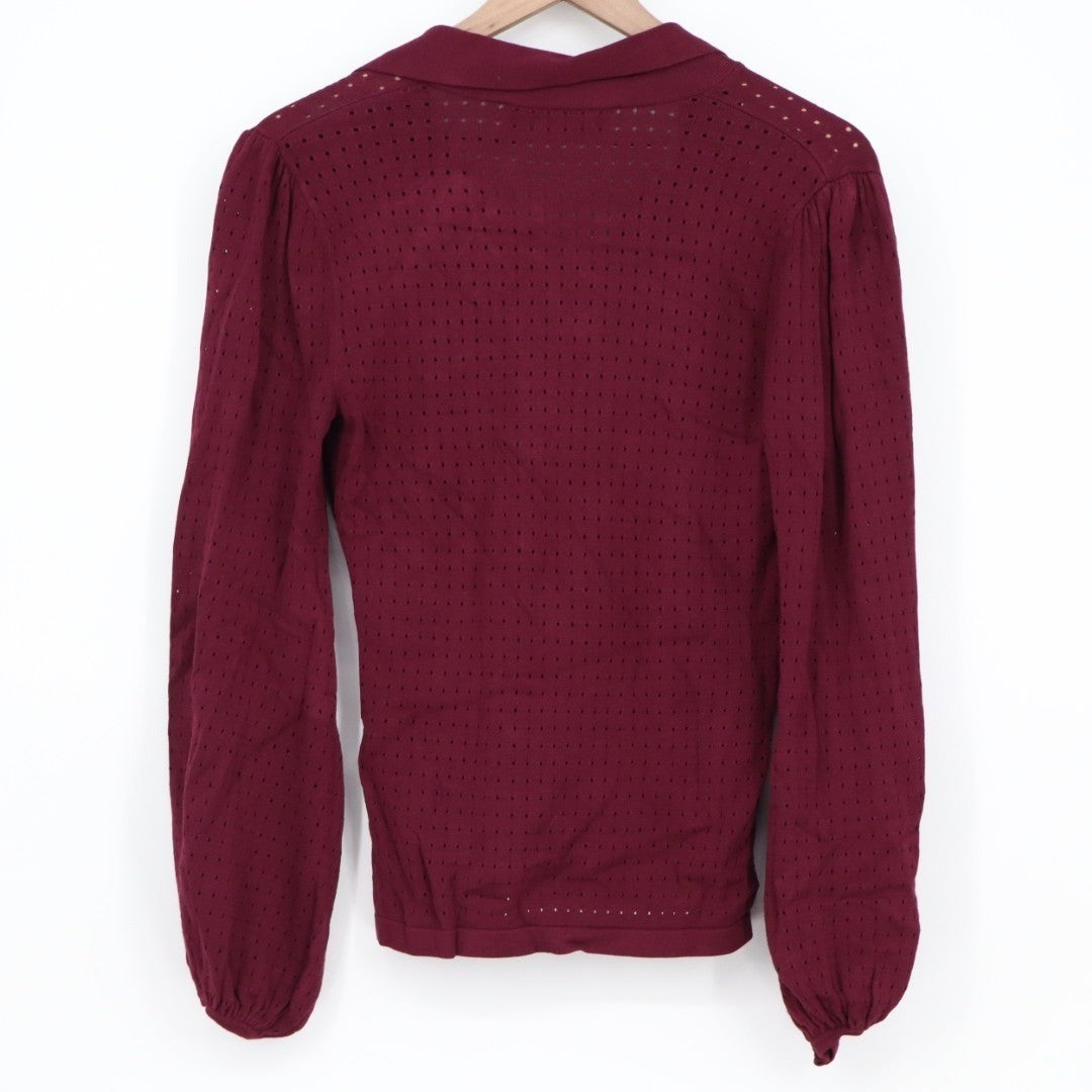 Keepsake Shirt Womens S Burgundy Laser Cut Perforated Tie Neck Puff Long Sleeves