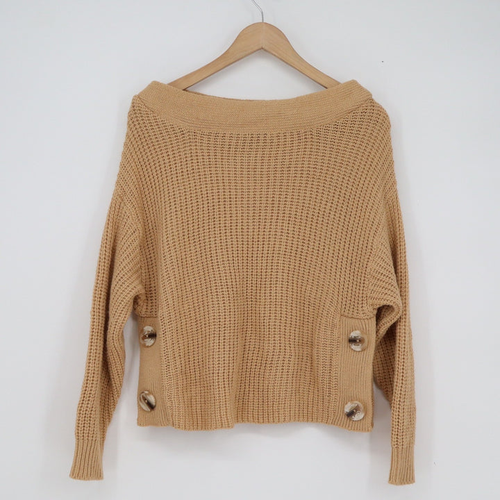 Derek Heart Womens Medium Tan Shaker Knit Side Button Boat Neck Pullover Sweater