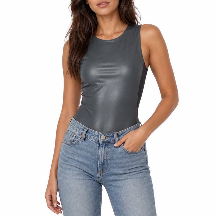 Express Body Contour Faux Leather Sleeveless Bodysuit Dark Green M