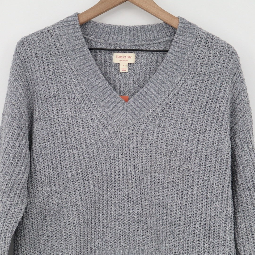 State Of Day Intimates Crop Sweater Womens Large Gray Knit V-Neck Long Sleeve