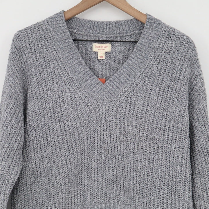 State Of Day Intimates Crop Sweater Womens Large Gray Knit V-Neck Long Sleeve