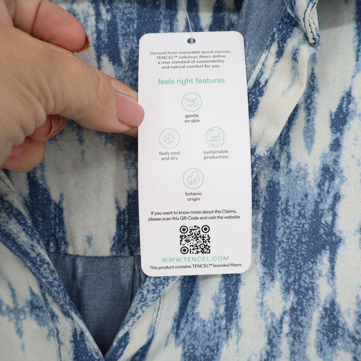 Velvet Heart Blue White Ikat Tencel Shirt Dress Roll Tab Sleeve Pockets