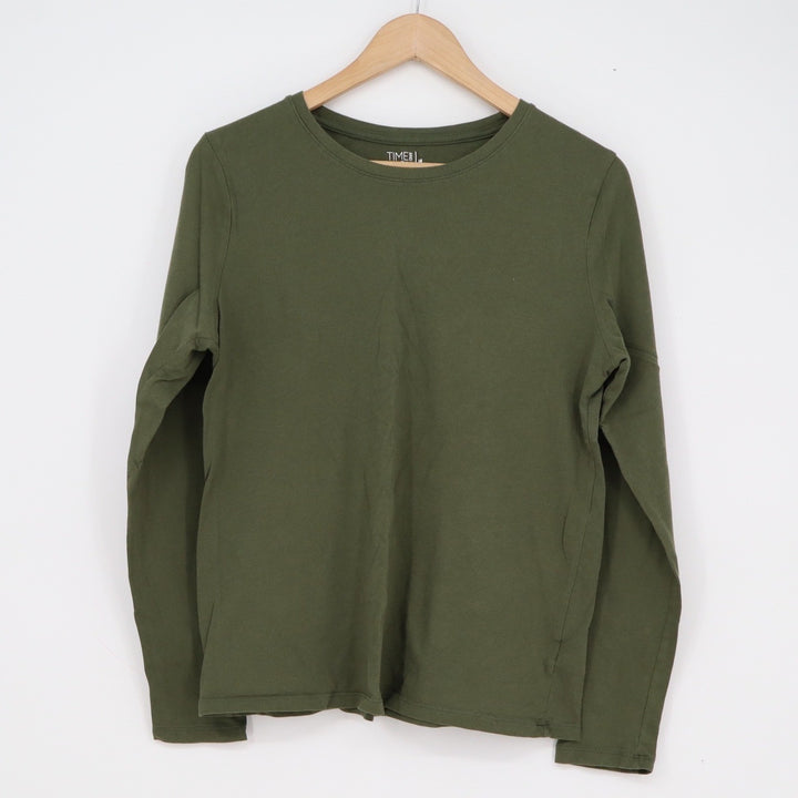 Time and Tru Womens Olive Green Cotton Long Sleeve Crewneck Tee Shirt Size M