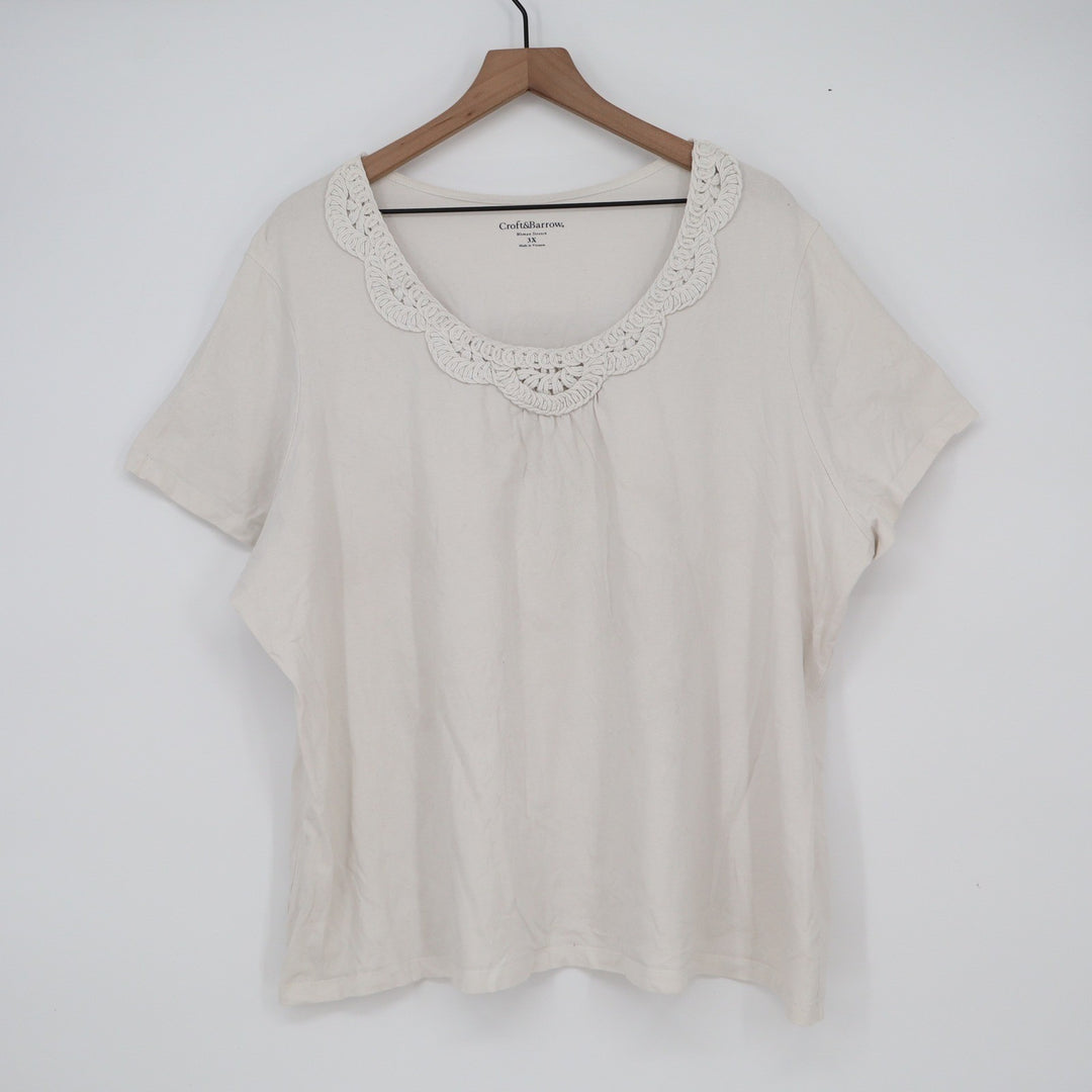 Croft & Barrow Woman Stretch Cream Crochet Neck Short Sleeve Tee Top Size 3X