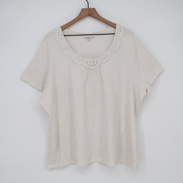 Croft & Barrow Woman Stretch Cream Crochet Neck Short Sleeve Tee Top Size 3X