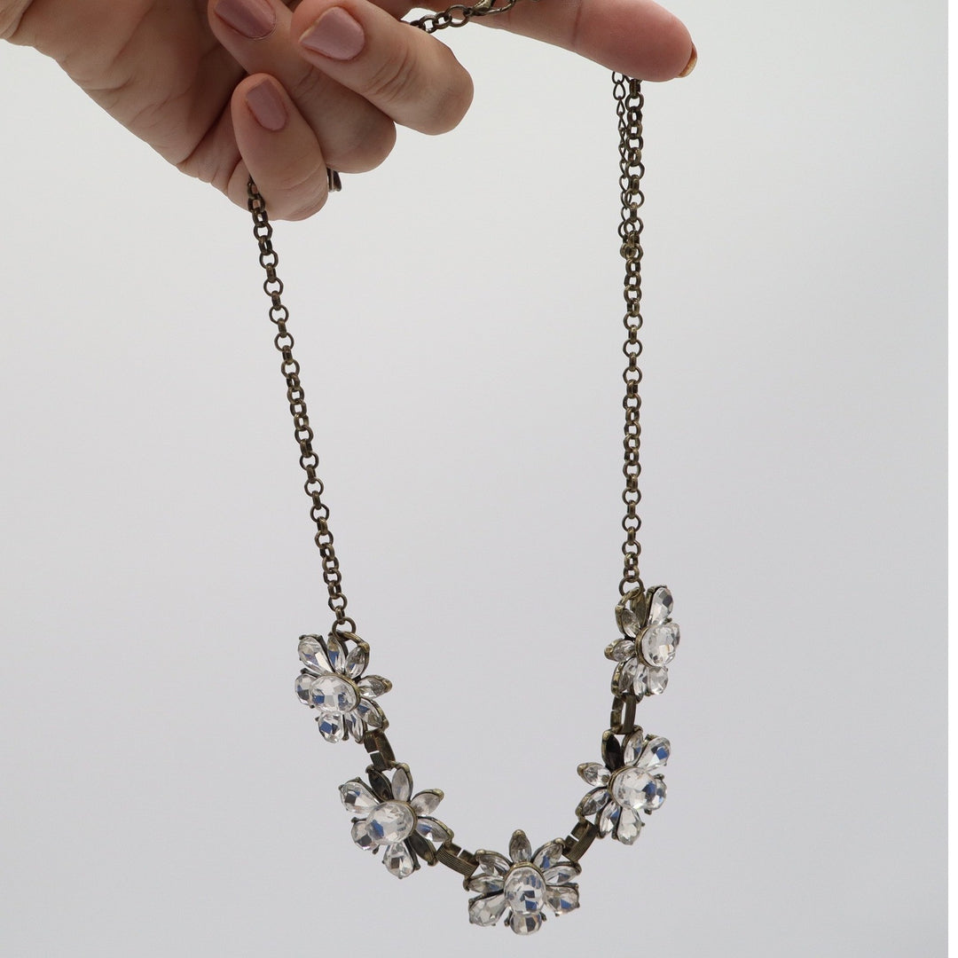 Antique Brass Clear Crystal Floral Statement Bib Necklace Vintage Style Sparkly