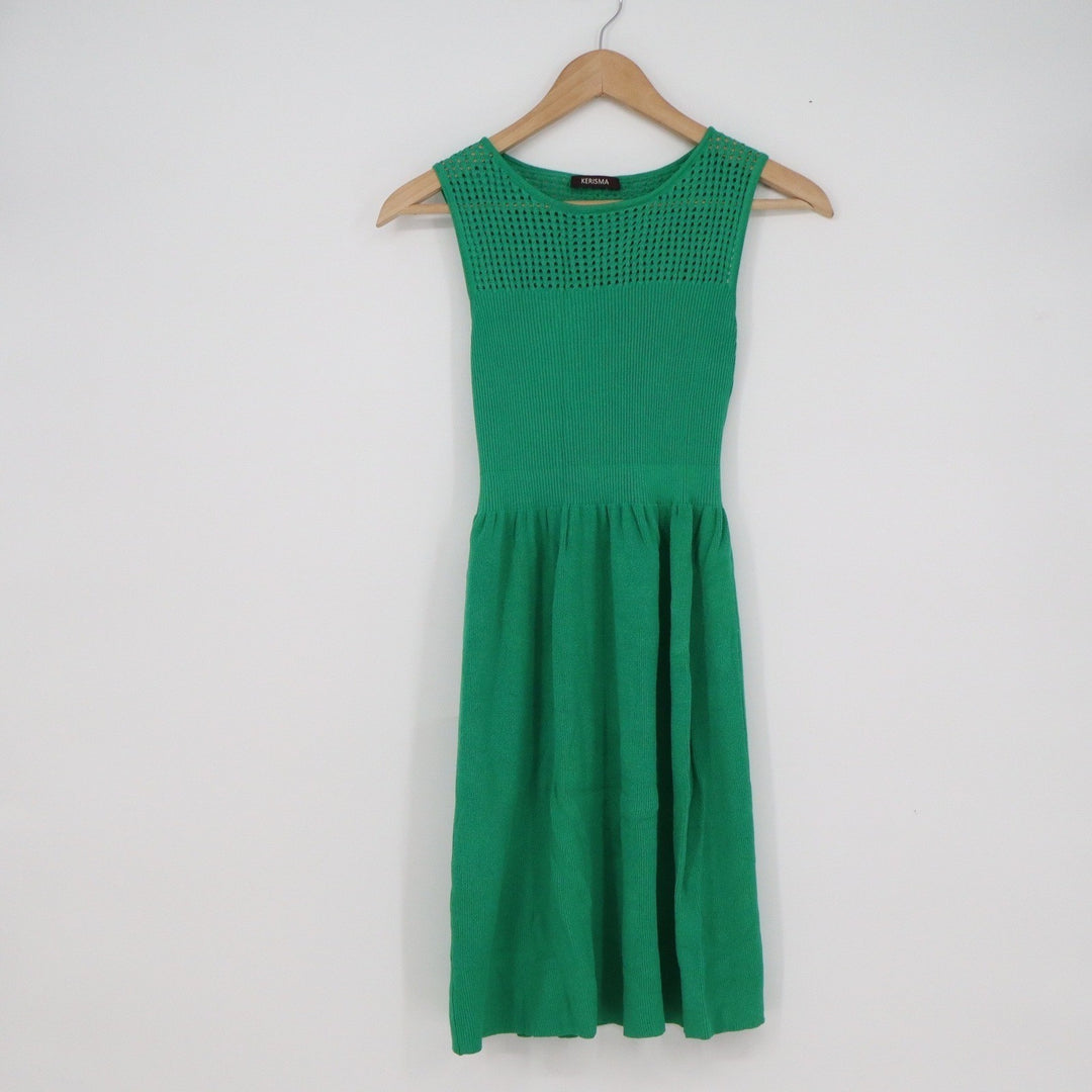 Kerisma Womens Green Pointelle Ribbed Knit Sleeveless Fit & Flare Dress