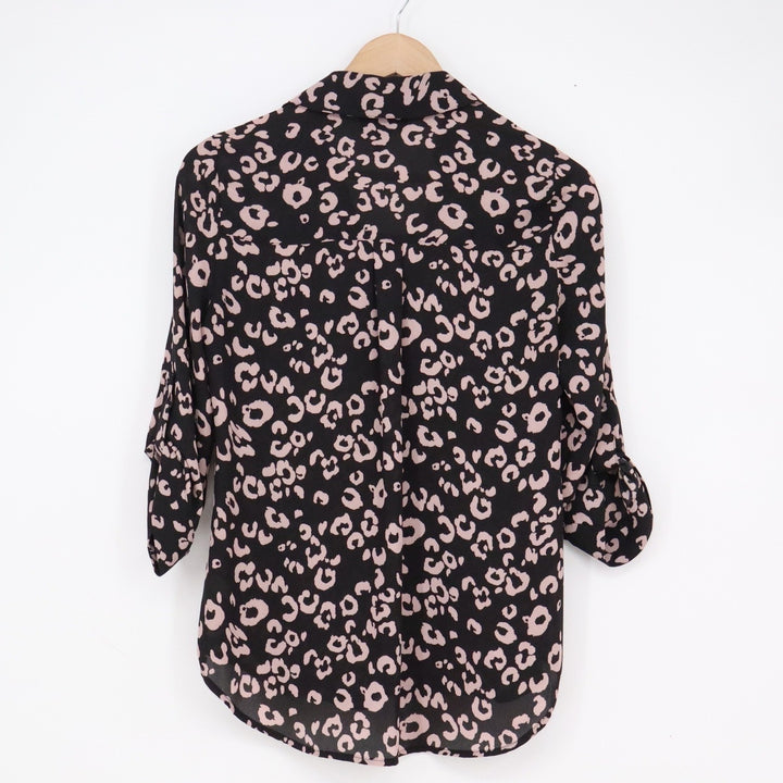 IZ Byer Womens XS Leopard Print Roll Tab Sleeve Button Up Blouse Black Pocket