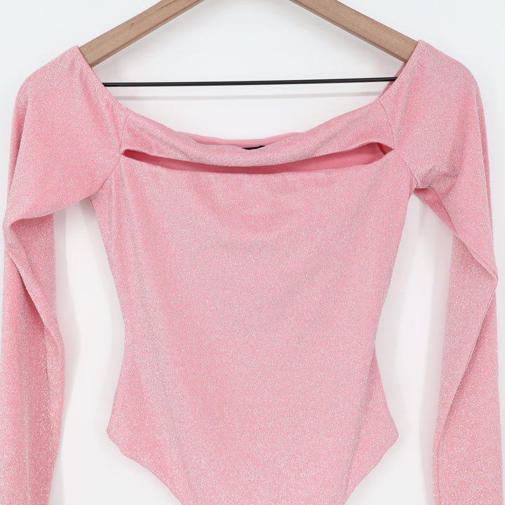 Naked Wardrobe Pink Lurex Metallic Cutout Off Shoulder Bodysuit Small