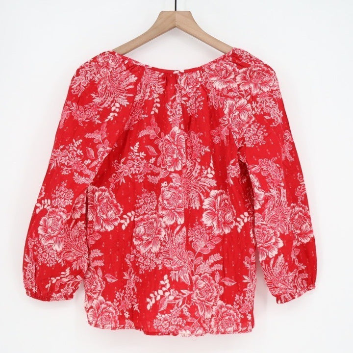 Style & Co Tunic Top Womens Medium Red White Floral Cotton 3/4 Sleeve Split Neck