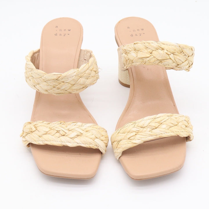 A New Day Braided Raffia Block Heel Mules Beige Square Toe Sandals Womens Size 8