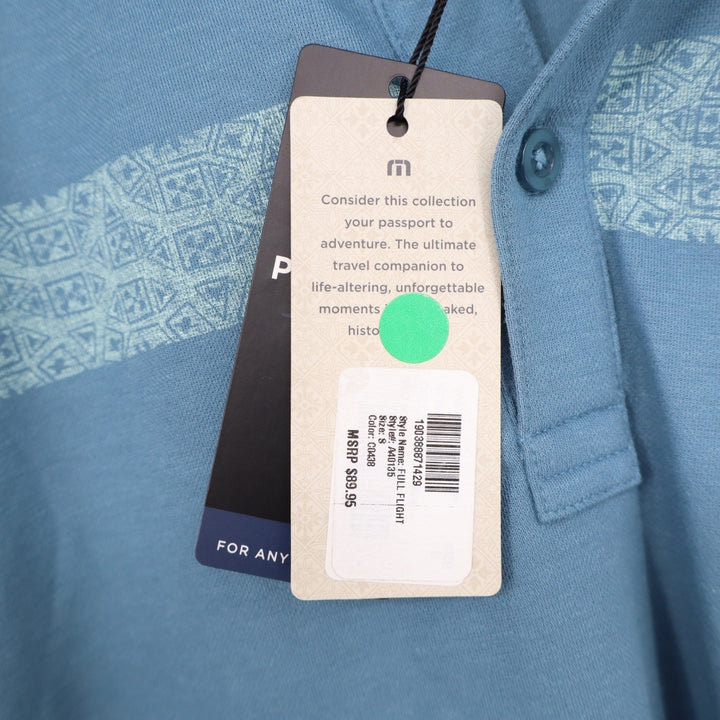 TravisMathew Full Flight Blue Geometric Stripe Polo Shirt Mens Size S NEW