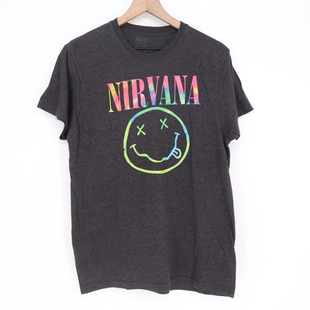 Nirvana Smiley Face Graphic T-Shirt Charcoal Heather Neon Logo Mens Large