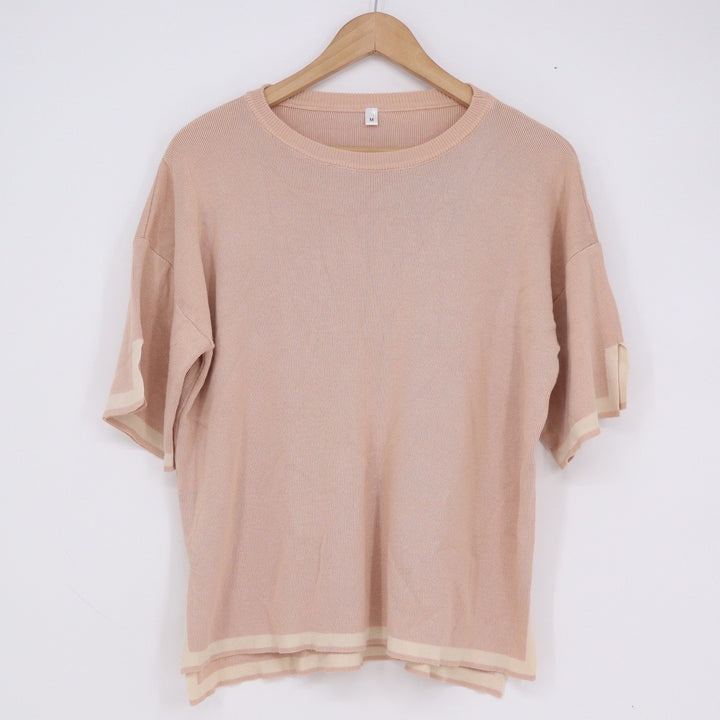 Fashion Peach Short Sleeve Knit Sweater Top Contrast Trim Size M