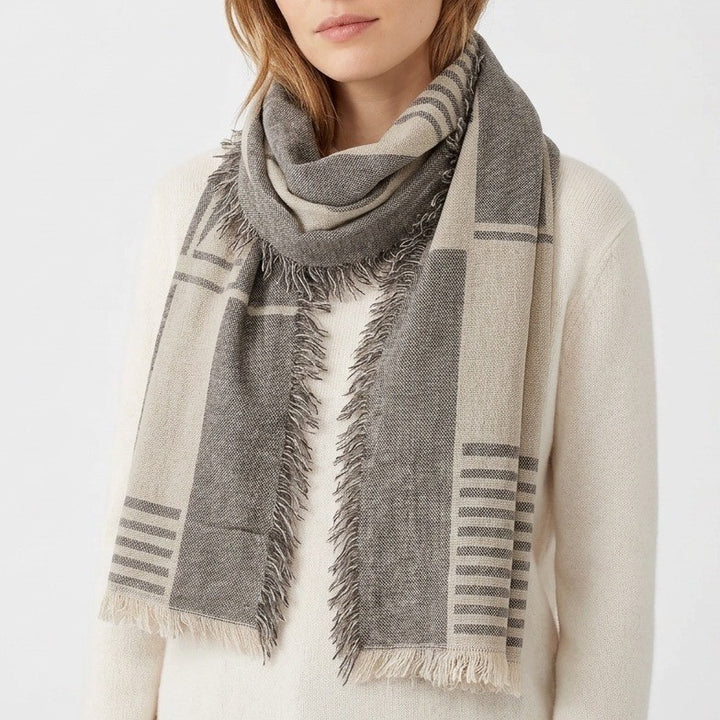Scarf Womens Gray Beige Woven Knit Fringed Edges Cozy Winter Wear Neck Warmer