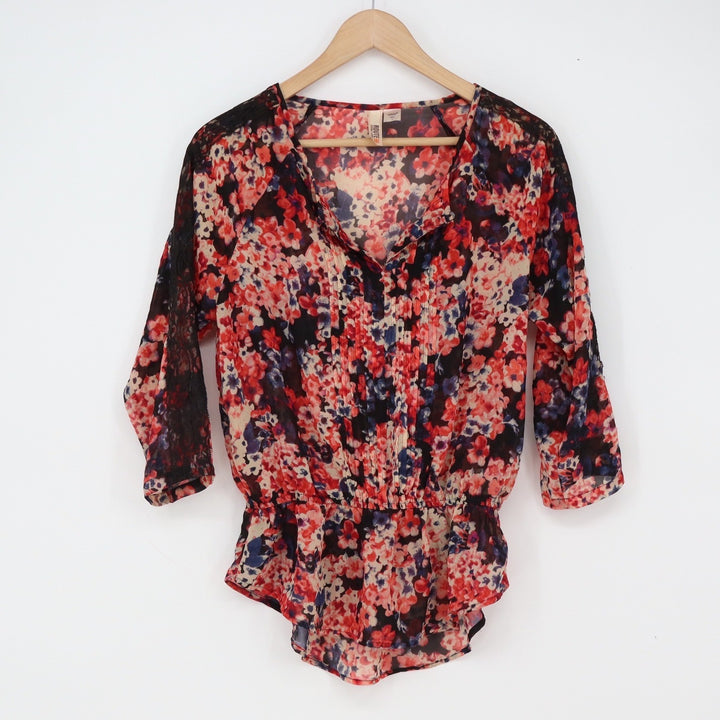 Route 66 Blouse Womens S Floral Peplum Red Blue Lace Accent 3/4 Sleeve Excellent