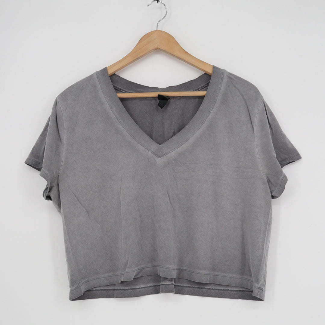 Wild Fable Gray Cropped V-Neck T-Shirt XL Cotton Mineral Wash Short Sleeve Tee