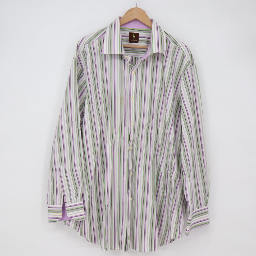 Tailorbyrd Button-Down Mens 2XL Striped Purple Green Cotton Long Sleeve