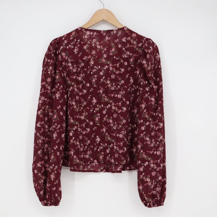 And Now This Burgundy Floral Pleated Split Neck Blouse Womens Size S Long Sleeve