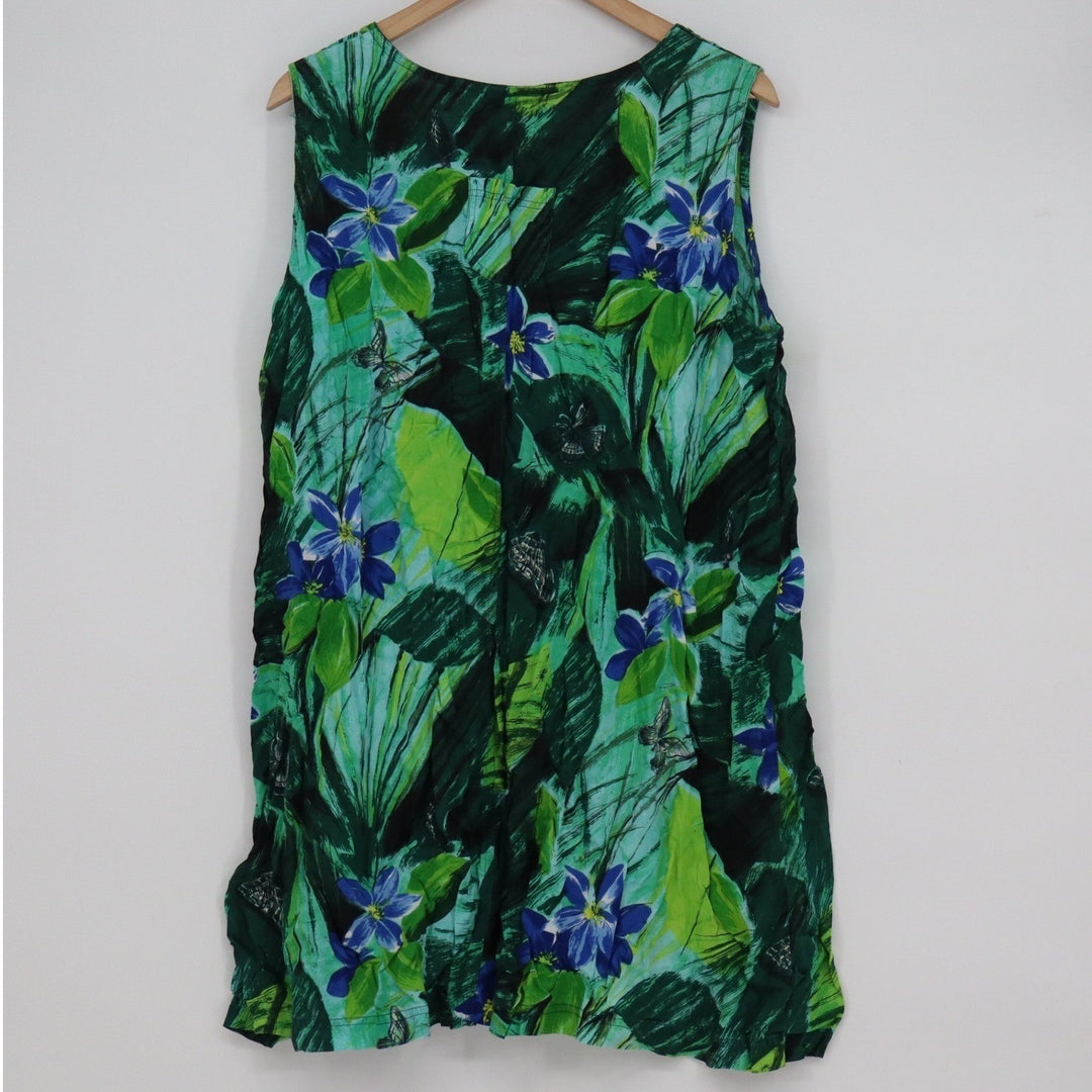 Dee-Dee's Womens XL Green Tropical Floral Butterfly Rayon Sleeveless Shift Dress