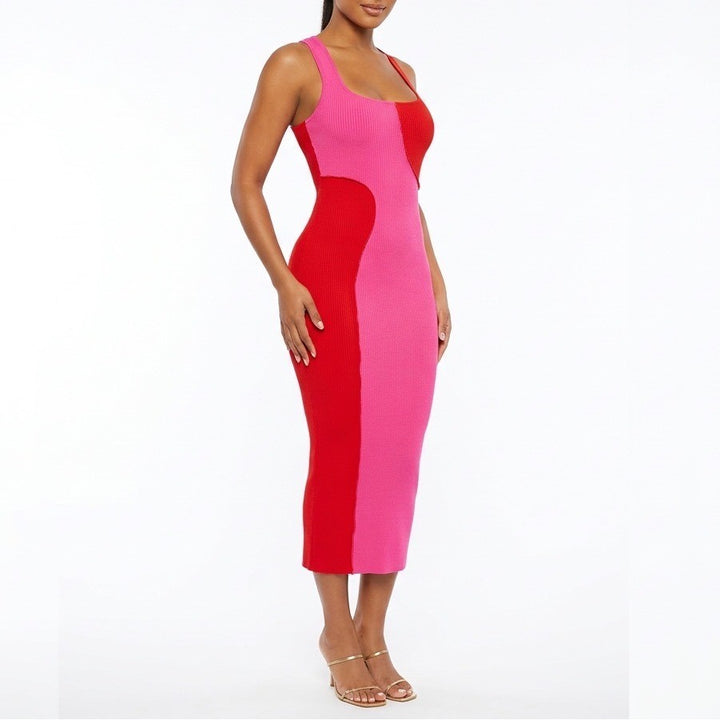 Naked Wardrobe Pink Red Colorblock Ribbed Racerback Midi Dress XS