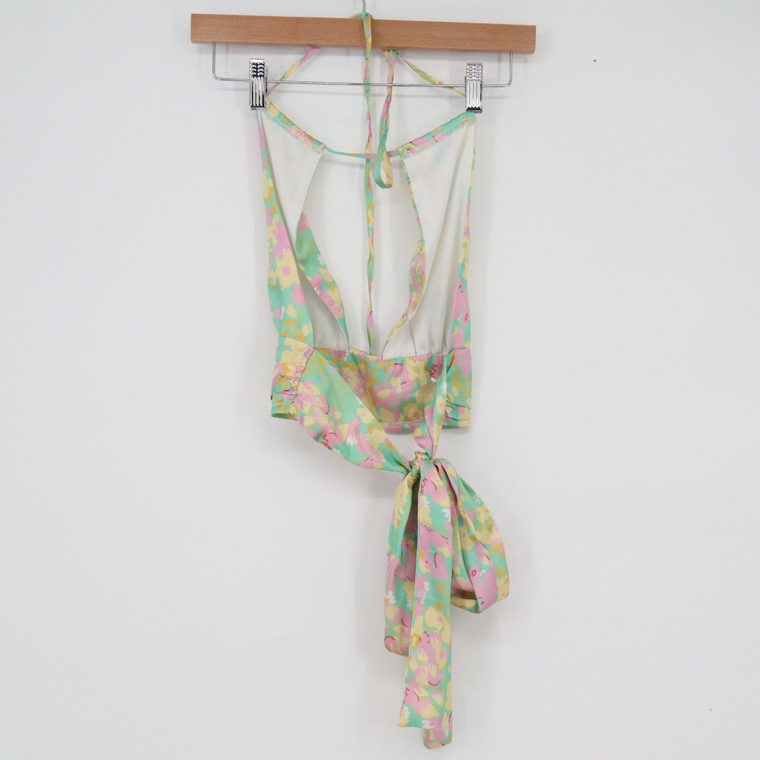Floral Halter Wrap Top Pastel Mint Pink Yellow Satin Finish M