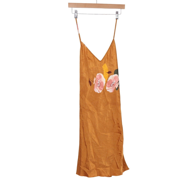 SHEIN Mustard Gold Floral Satin Slip Dress XL V-Neck Spaghetti Strap Midi