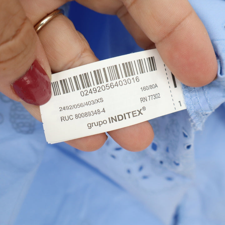 Zara Button-down Womens XS Eyelet Floral Blue Embroidered Cotton Excellent