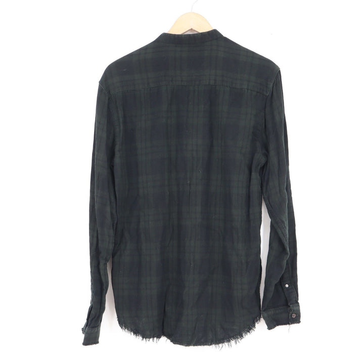 Zara Man Green Black Plaid Mandarin Collar Raw Hem Button Up Shirt Mens Large L