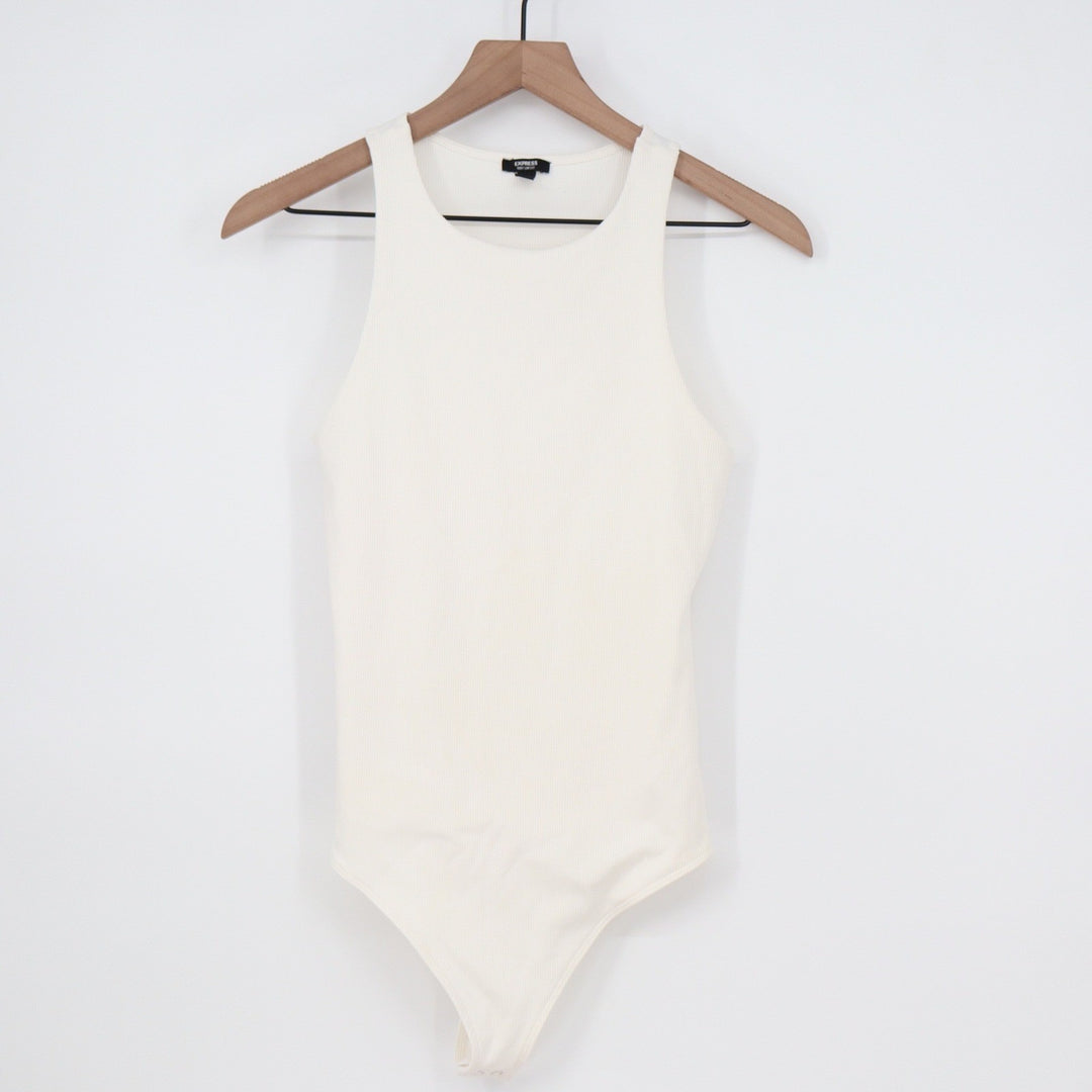 Express Body Contour Ribbed High Neck Racerback Bodysuit Off White Cream Medium
