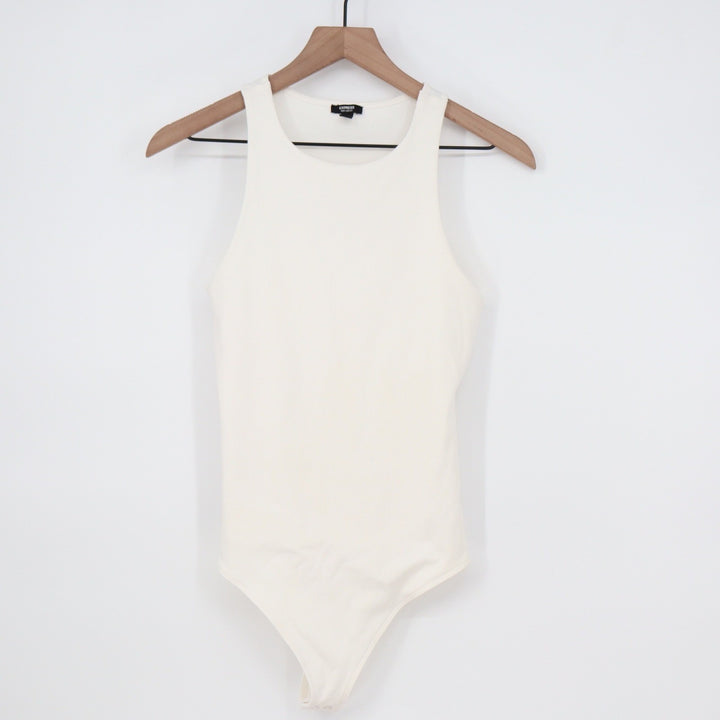 Express Body Contour Ribbed High Neck Racerback Bodysuit Off White Cream Medium