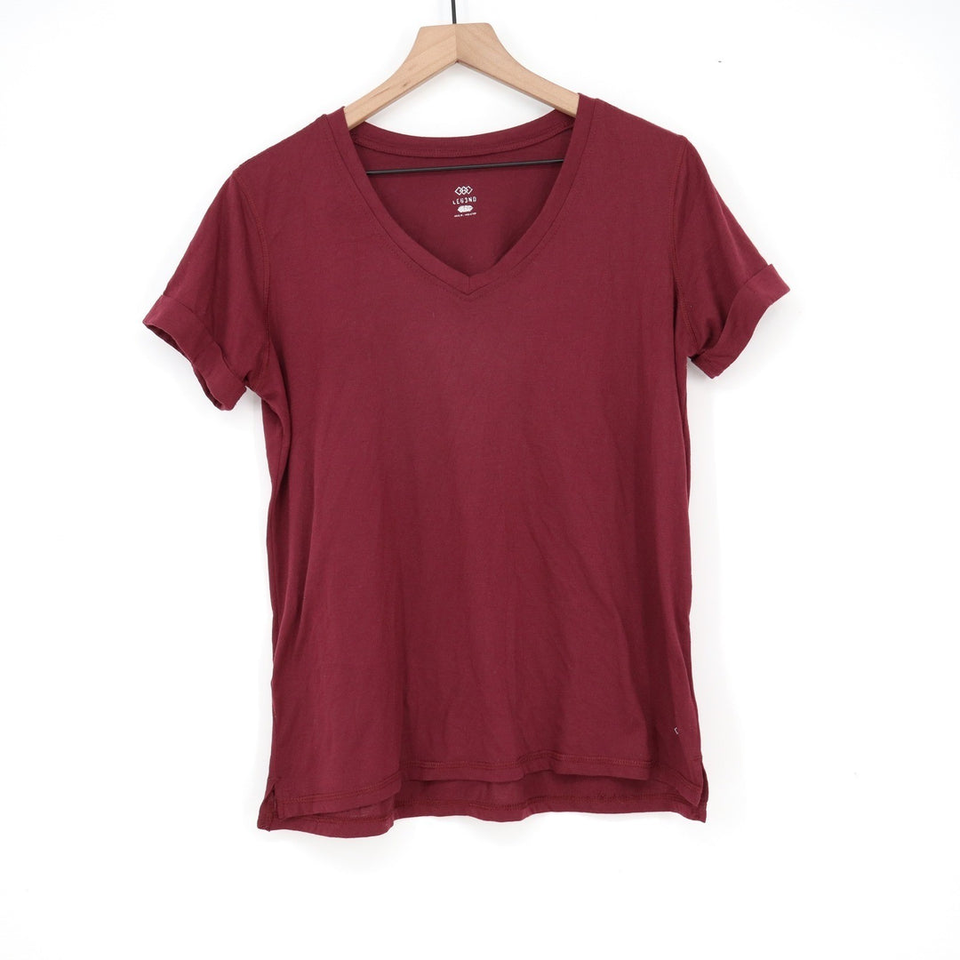 LEG3ND Womens V-Neck Short Sleeve T-Shirt Burgundy Rolled Cuff Size L
