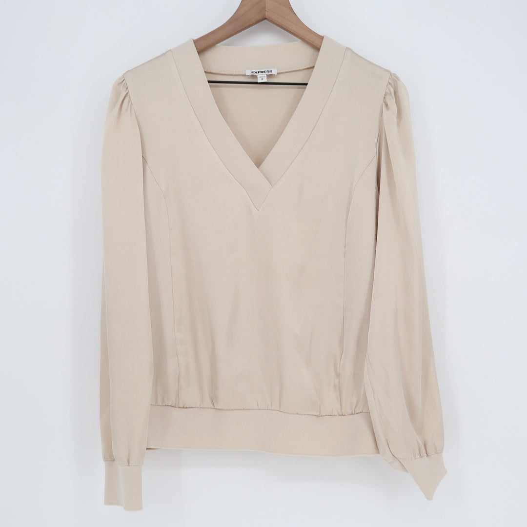 Express Womens Beige V-Neck Puff Shoulder Banded Hem Blouse Medium